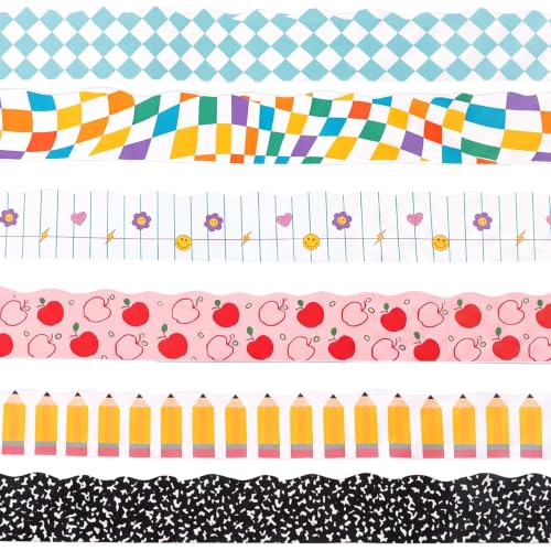 Sherr 6 Pcs 198ft Back to School Bulletin Board Borders Supplies Checked Composition Notebook Pencil Classroom Decor Stationery Rolled Border Trim for Classroom Chalkboard Office Wall(Bright)