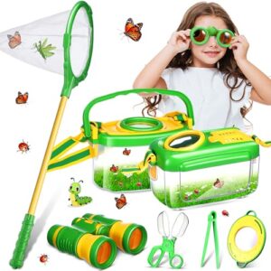 Sherr 7 Pcs Bug Catching Kit for Kids Insect Bug Catching Kit Outdoor Explorer Toys Include Insect Box Butterfly Net Capsule Clip Magnifying Glass Binocular Tweezer Butterfly Viewer Box Adventure Gift