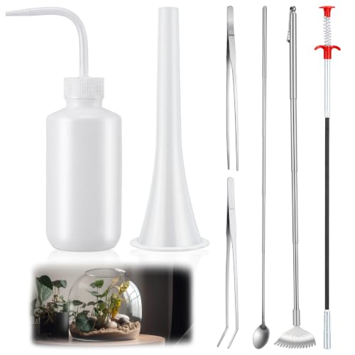 Shimeyao 7 Pcs Terrarium Tools Set Includes Long Aquarium Tweezers, Telescoping Rake, Telescoping Spoon, Claw Pickup Tool, Squeeze Plant Watering Bottle, Long-Neck Terrarium Funnel for Aquascape