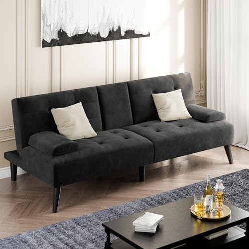 Shintenchi 64" Futon Sofa Bed, Velvet Foldable Couch, Reclining Sleeper with Removable Armrests, Upholstered Loveseat Sofa Couch with Folding Cup Holders for Home, Office, Black