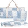 Shinylin 3 Pcs Empty Mahjong Bag Set, Thickened Blue Floral Patch Quilted Carrying Bag Set with Two Wrappers, Card Bags, Mahjong Racks and Card Pusher Drawstring Bags (Case Only)