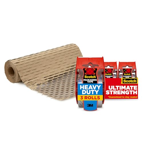 Shipping Bundle of Scotch Heavy Duty Shipping and Moving Packing Tape,1.88 in x 22.2 yd, 3 Rolls with Dispensers + Scotch Cushion Lock Protective Wrap, 12 in x 50 ft