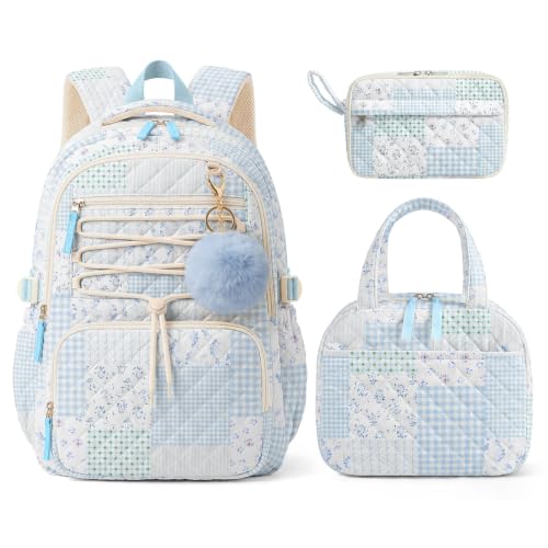 Shirabags 3 Pcs Quilted School Set for Girls, Floral Backpack with Insulated Lunch Bag & Large Pencil Case, Cute Aesthetic Bookbag, Back to School Essentials for Kids, Teens (Blue Green Patchwork, M)