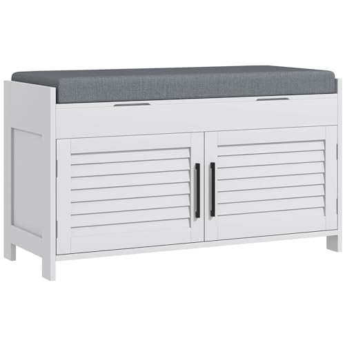 Shoe Bench, Entryway Bench with Shoe Storage, Cushion, Hidden Compartments, Adjustable Shelves and Shutter Doors, 35.4" Shoe Organizer for Entryway, Hallway, Holds Up to 352 lbs, White