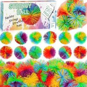 SHQDD 24 PCS Stringy Balls, Sensory Stringy Ball, 2.75 inch Soft Rainbow Pom Bouncy, Basket Stuffers Fillers, Monkey Pom Balls Fidget Toys Stress Ball, Party Favors Birthday Gifts (Multi-Color)
