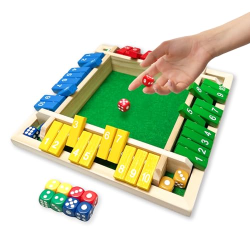 Shut The Box Game, 4-Player Wooden dice Game with 8 Dice and Shut-The-Box Instructions for Kids Adults, Educational Family Game for Learning Addition & Strategy – Montessori Toy Gift for Ages 4+