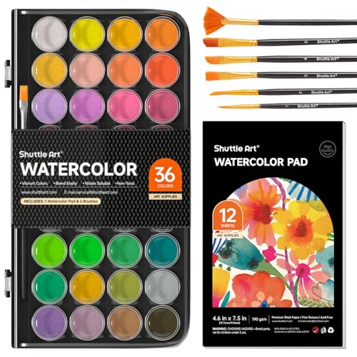 Shuttle Art 43 Pack Watercolor Paint Set, 36 Colors Watercolor Paint Pan Set with 6 Brushes and 1 Watercolor Pad for Beginners, Artists, Kids & Adults Watercolor Painting, Bullet Journal, Calligraphy