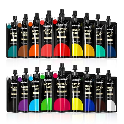 Shuttle Art Acrylic Paint, 18 Colors Acrylic Paint Pouches (120ml/4.06oz), Artist Grade Paint Set, Rich Pigments, Non-Toxic for Artists, Beginners and Kids on Rocks Crafts Canvas Wood Ceramic