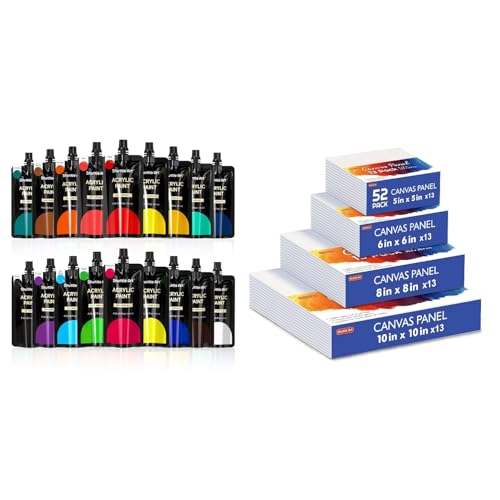Shuttle Art Acrylic Painting Bundle, Set for 18 Colors Acrylic Paint Pouch (120ml/4oz) + 52 Multi Pack Painting Canvas Panels