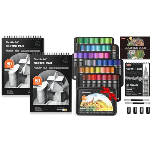 Shuttle Art Colored Pencils and Sketch Pad Bundle, Set of 174 Colors Professional Colored Pencils + 160 Sheets Artist Sketch Books