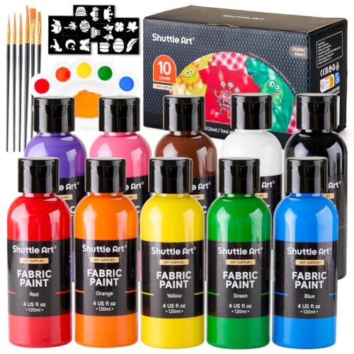 Shuttle Art Fabric Paint, 10 Colors Permanent Soft Fabric Paint in Bottles (120ml/4oz) with Brushes, Palette, Stencils, Non-Toxic Textile Paint for T-Shirts, Shoes, Jeans, Bags, DIY Projects&Art