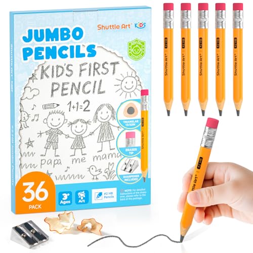 Shuttle Art Jumbo Pencils - 36 Pack Triangle Pre sharpened Pencils #2 HB with Top Erasers & Sharpener, for Kids Ages 4-6, Kindergarten School Supplies, Ideal for Home, Classroom