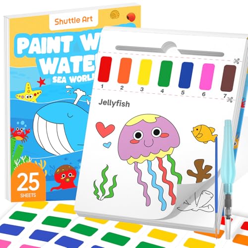Shuttle Art Paint with Water Coloring Book for Kids, 25 Sea World Themed Pages with 2 Brushes, Mess-Free Watercolor Paint Set, Travel-Friendly Art Craft Gift for Toddlers, Birthday Christmas Gift