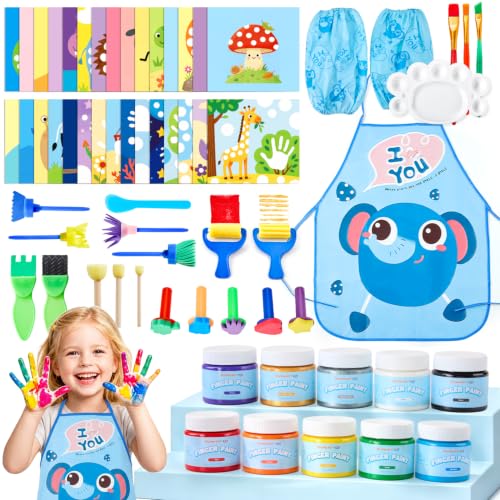 Shuttle Art Washable Finger Paint Set, 63 PCS with 10 Colors (3.5 fl oz), Paint Brushes, Sponge, EVA foam stamps, Palette, Coloring Book, Non Toxic Finger Painting for Toddlers, Kids Paint