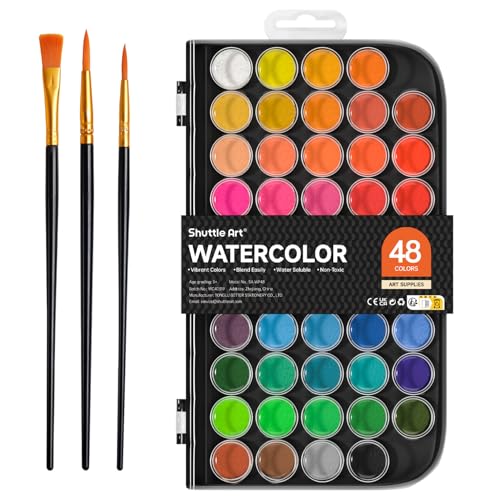 Shuttle Art Watercolor Paint Set, 48 Colors Watercolor Paint Pan Set with 3 Paint Brushes for Beginners, Artists, Kids & Adults for Painting, Journaling, Calligraphy Practice