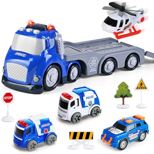 ShyLizard Toddlers Truck Toys,Boy Toys Gifts for 1 2 3 Years Old,5 in 1 City Police Transport Truck with Lights & Sounds,Ideal Birthday for Baby Toddler 12-18M+