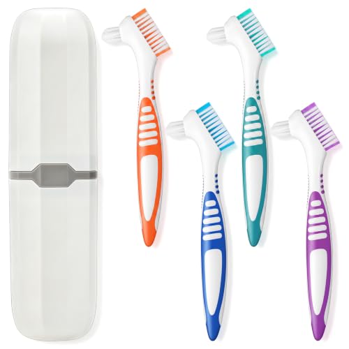 Sibba 4 Pcs Denture Cleaning Brush Kit Denture Brush False Teeth Toothbrush with 1 White Carrying Case, Travel Double Sided Dental Brushes with Multi-Layered Soft Bristles, Rubber Handle Toothbrushes