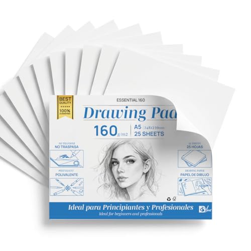 SIDI - Bloc de Design A5 Professionnel 160 g/m², Paper Sketchbook, Paper Épais Sans Transfert, Pour Crayon, Feutres et Croquis, Surface Lisse, 25 Feuilles (Essential 160, 25 Feuilles)