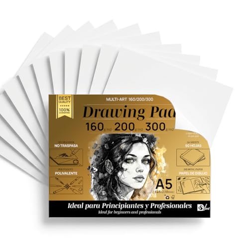 SIDI A5 Professional Drawing Pad 160 g/m², 200 g/m² and 300 g/m², Sketchbook Paper, Thick Non-Bleed Paper, for Pencil, Marker and Sketching, Drawing Sheets, 3 Kinds of Thickness (Multi-Art, 50 h)