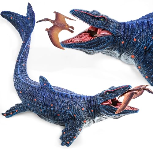 SIENON Jurassic Mosasaurus Dinosaur Toy Figure 11.4’’, Mosasaurus Hunting for Pterosaur Model Dino Figurines, Large Plastic Ocean Dinosaur Playset for Bath Pool Toy Cake Topper (Pterosaur Included)
