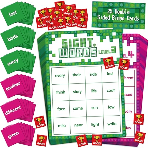 Sight Word Bingo Game, 144 Sight Words Learn to Read Level 3 & Level 4 Bingo Board Game Dolch's & Fry's Words Lists for Kindergarten and Preschool, Grade 1st, 2nd, Kids 4-8 (Up to 25 Players)