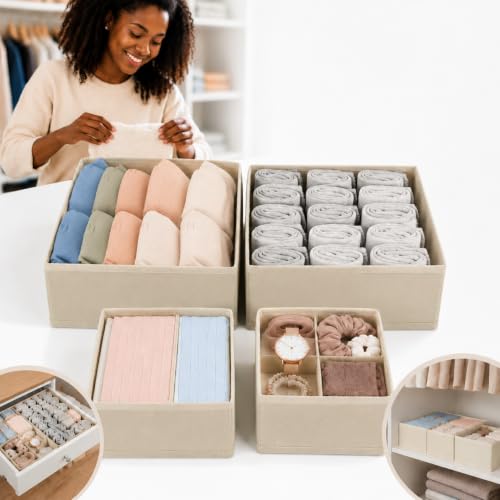 siisll 4-Piece Fabric Drawer Organizer Set – Foldable Dresser Divider Bins for Socks, Underwear, Ties, & Jewelry – Beige Storage Boxes for Bedroom, Closet, & Office Organization