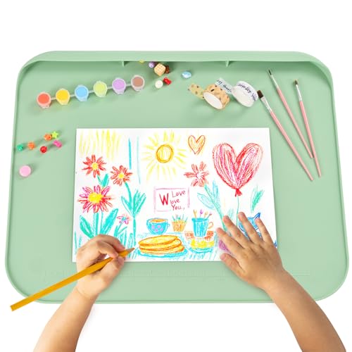 Silicone Art Mat for Crafts, 19.7" x 15.7" Painting Mat for Kids with Raised Sides, Non-Slip Surface for Resin, Clay, Play Doh, Jewelry Making DIY Arts & Crafts Creation (Green)