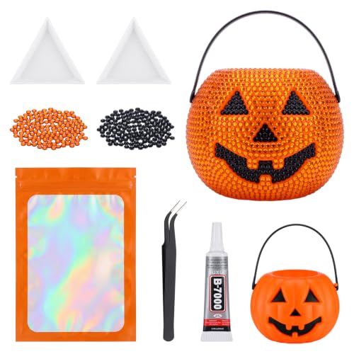 SiliFine Halloween Mini Orange Pumpkin Bedazzling Kit 2.5 Inch DIY Coloring Decorations with Pumpkin Gem Glue Tray and Tweezer Art and Craft Party Supplies for Holiday Festive Gift