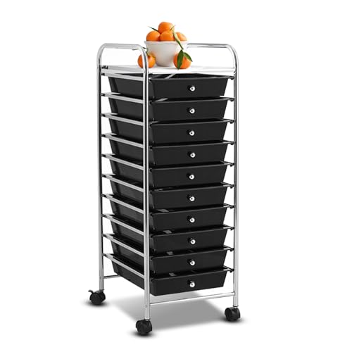SILKYDRY 10 Drawer Rolling Storage Cart, Organization Cart with Drawers for Craft Makeup Paper Tool Art Supply, Versatile Utility Cart on Wheels for Home Office Classroom School (Black)