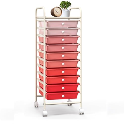 SILKYDRY 10 Drawer Rolling Storage Cart, Organization Cart with Drawers for Craft Makeup Paper Tool Art Supply, Versatile Utility Cart on Wheels for Home Office Classroom School (Gradient Pink)