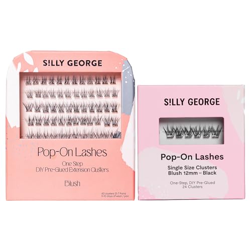 Silly George PopOn Lash 84 Cluster Pre-Glued Featherlight Bionic Silk 5 to 10 Day Wear Press-On Lash Bundle with 60 Pack MultiLength Plus 24 Pack Single Size Black Blush 12mm