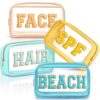 SilTriangle 4 Pcs Beach Toiletry Bag Clear Chenille Letter Pouch Diaper Bag Organizer Snacks Makeup Travel Pouches with Zipper for Beach Vacation Essentials Women Gift(Green, Orange, Yellow)