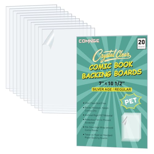 Silver Clear Comic Book Backing Boards – 7" x 10 1/2" PET Rigid Plastic, Acid-Free, for Silver Age Comics with Wraparound Covers, Prevents Bending & Aging, Double-Sided Display (20 Pack)