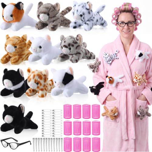Simgoing 47 Pcs Halloween Cat Stuffed Bulk Soft Cuddly Kitten Plush Animals Sets with Hair Curlers Glasses Hair Clips Cat Fluffy Stuffed for Christmas Birthday Pet Party Favors (Lying)