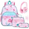 Similove 4PCS Girls Backpack Ages 5-8 with Kids Headphones & Lunch Bag & Pencil Case, Toddler School Backpack for Kids Girls - 15inch Backpack Girl Bookbag for Preschool Kindergarten Elementary School