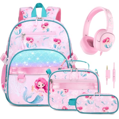 Similove 4PCS Girls Backpack Ages 5-8 with Kids Headphones & Lunch Bag & Pencil Case, Toddler School Backpack for Kids Girls - 15inch Backpack Girl Bookbag for Preschool Kindergarten Elementary School