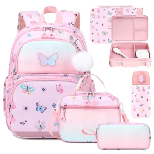 Similove Kids Backpack for Girls - 5PCS Girls Backpack with Lunch Box and Water Bottle - 4 Leakproof Compartments Removable Tray Lunches - Double Wall Vacuum Leak Proof Portable Kid Cup