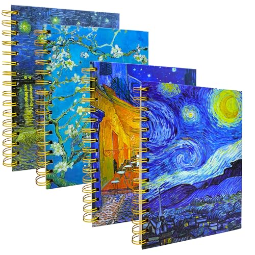 Simind 4 Pack A5 Van Gogh Notebooks Thick Superhard Cover Spiral Notebooks Hardcover Spiral Journals Spiral Bound Journal 8.3"x 6.3" College Ruled 4x160 Pages 100GSM Supplies for School Office Gifts