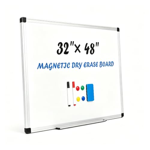 Simple Deluxe Magnetic White Board, 48" x 32" Dry Erase Board for wall with Reinforced Aluminum Frame, Wall Board for Office Classroom Home, Includes 1 Eraser, 2 Markers & 4 Magnets