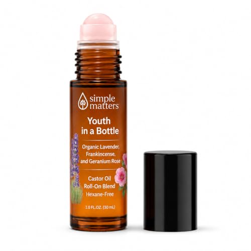 Simple Matters Youth in a Bottle Castor Oil Roll-On Blend for Face, Eyes & Body – Organic Cold-Pressed, Hexane-Free Castor Oil with Lavender, Frankincense & Geranium Rose, Quartz Roller Ball, 1 Fl Oz