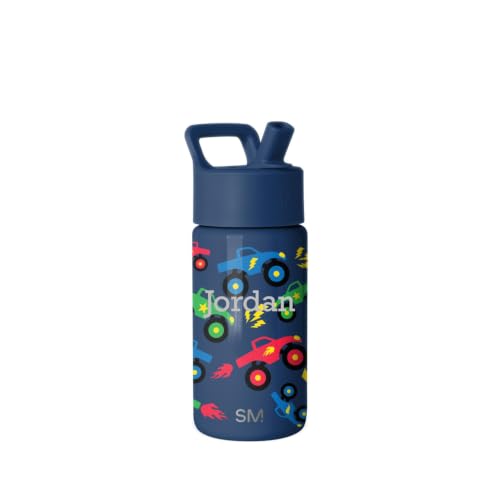 Simple Modern Personalized Kids Water Bottle with Straw Lid | 14oz Insulated Stainless Steel Kids Tumbler & Spill Proof Toddler Cup for School, Girls, Boys | Summit | Monster Truck Rally