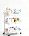 Simplet White 3-Tier Rolling Cart with Drawer, Movable Storage Shelf on Lockable Wheels, Multipurpose Organizer Rack for Bathroom, Kitchen, Office, Crafting, Makeup & Baby Items
