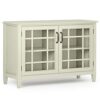 SIMPLIHOME Connaught Storage Cabinet - 46 inch Wide Solid Wood Low Storage Cabinet in Antique White, Traditional Console for Living Room, Entryway, or Dining Room with Glass Doors and Shelves