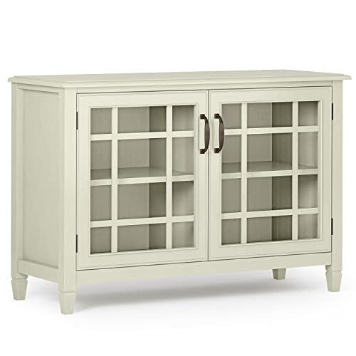 SIMPLIHOME Connaught Storage Cabinet - 46 inch Wide Solid Wood Low Storage Cabinet in Antique White, Traditional Console for Living Room, Entryway, or Dining Room with Glass Doors and Shelves