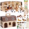 SIMPLIPLAY Horse Toys with Large Portable Wooden Stable Playset