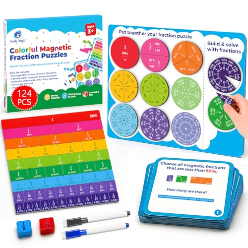 Simply magic 117 PCS Magnetic Fraction Puzzle with Tiles & Circles - Educational Fraction Magnets, Strips, Fraction Manipulatives with Decimals & Percentages for Elementary School & Homeschool