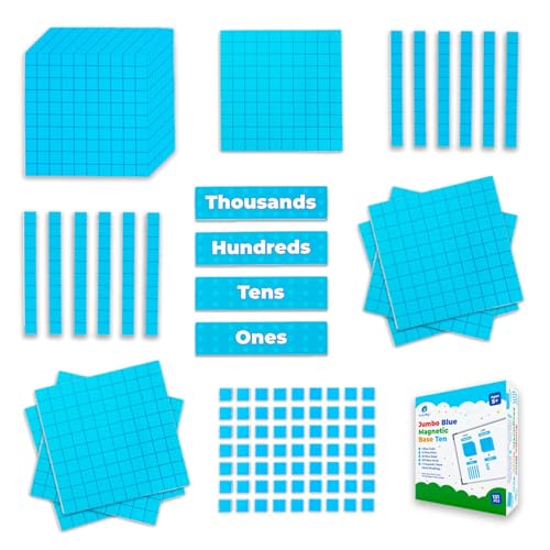 Simply magic 131+4 PCS Jumbo Blue Magnetic Base Ten Blocks for Math + Headings - Math Manipulatives, Base 10 Blocks, Place Value Manipulatives Magnets, Counters for Kids, Classroom Must Haves