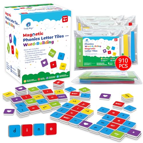 Simply Magic 910 PCS Magnetic Phonics Tiles, Magnetic Letter Tiles for Phonics, Spelling, Phonics Letter Tiles, All-In-One Phonics Manipulatives, Phonics Games for Kids, Reading Manipulatives - 7 Sets