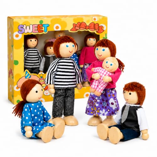 Sing2sky Wooden Dollhouse People Set - 5-Piece Poseable Family Figures (Father, Mother, Brother, Sister, Baby) - Forest-Style Montessori Pretend Play Dolls for Toddlers, Girls & Boys Ages 3+