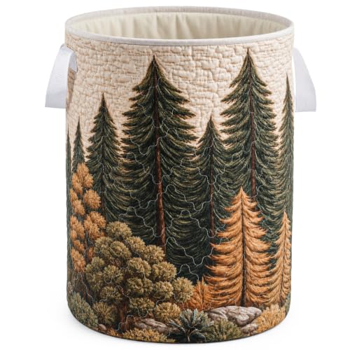 Singhoow 16" x 22" Quilted Laundry Basket with Handles Large Rustic Forest Quilted Hamper Soft Storage Basket Farmhouse Cabin Decor for Bedroom Laundry Room Clothes Toys Organizer